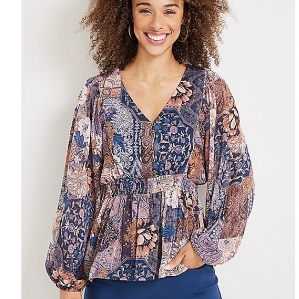 Maurices Patchwork Blouse Womens Medium Turquoise… - image 1